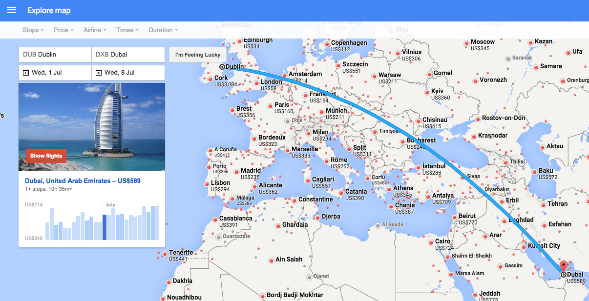 Google flights' very visual flight map